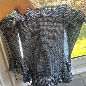 Caroline Constas Blue and White Ruffled Smocked Blouse